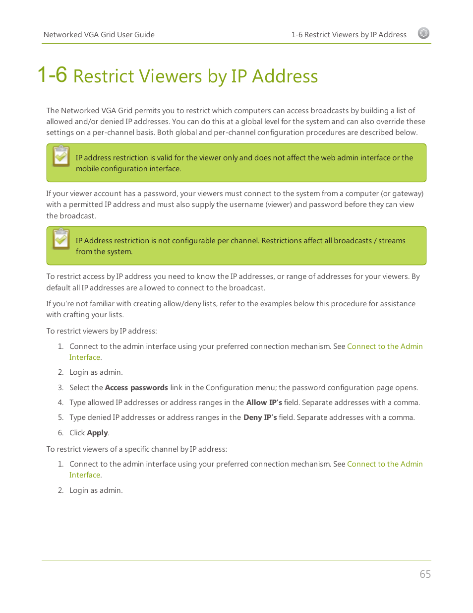 6 restrict viewers by ip address, Restrict viewers by ip address, Restrict | Viewers by ip address | Epiphan Networked VGA Grid User Manual | Page 77 / 306