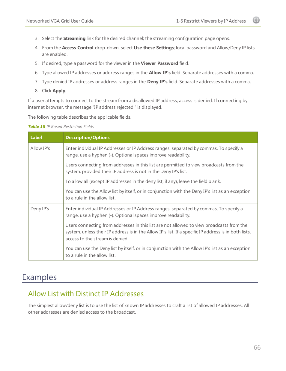 Examples, Allow list with distinct ip addresses | Epiphan Networked VGA Grid User Manual | Page 78 / 306