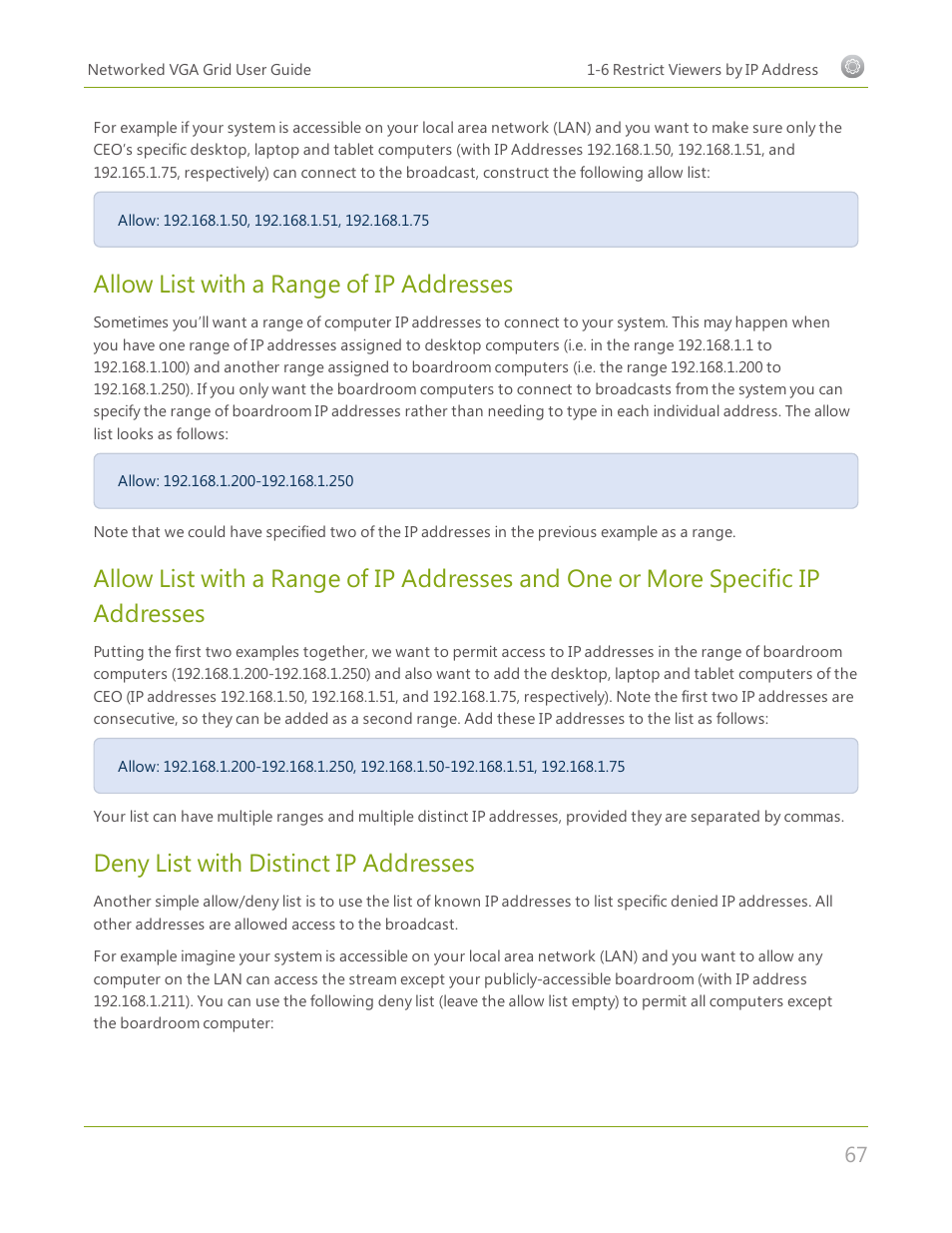 Allow list with a range of ip addresses, Deny list with distinct ip addresses | Epiphan Networked VGA Grid User Manual | Page 79 / 306