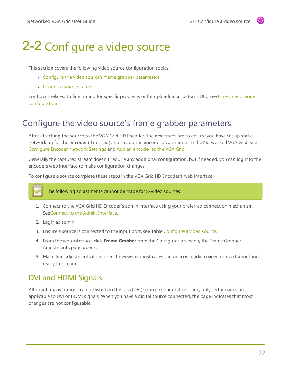 2 configure a video source, Configure a video source, Dvi and hdmi signals | Epiphan Networked VGA Grid User Manual | Page 84 / 306