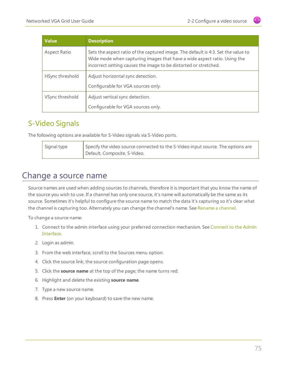 Change a source name, S-video signals | Epiphan Networked VGA Grid User Manual | Page 87 / 306