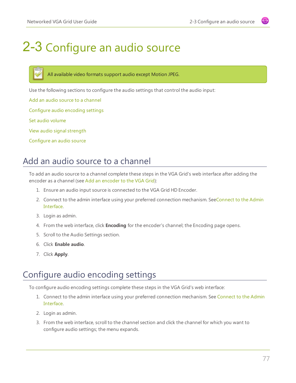 3 configure an audio source, Add an audio source to a channel, Configure audio encoding settings | Configure an audio source | Epiphan Networked VGA Grid User Manual | Page 89 / 306