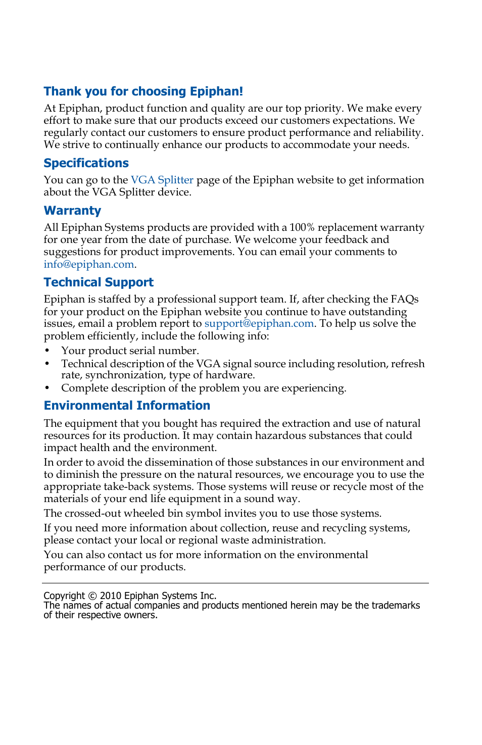 Thank you for choosing epiphan, Specifications, Warranty | Technical support, Environmental information | Epiphan VGA Splitter User Manual | Page 2 / 6