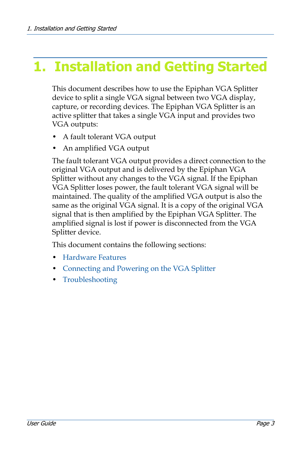 Installation and getting started | Epiphan VGA Splitter User Manual | Page 3 / 6