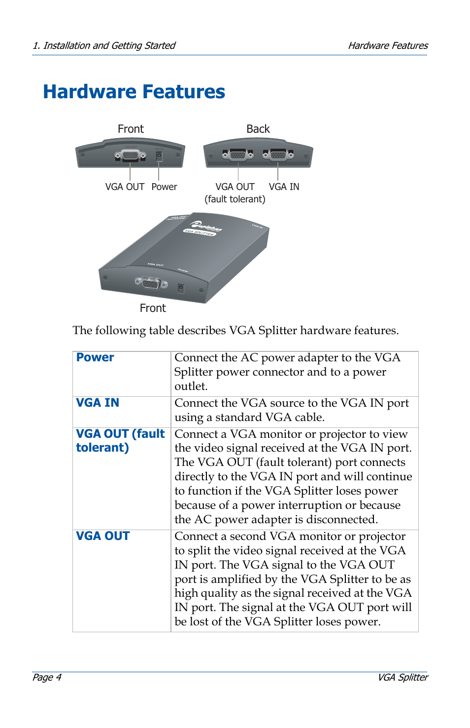 Hardware features | Epiphan VGA Splitter User Manual | Page 4 / 6