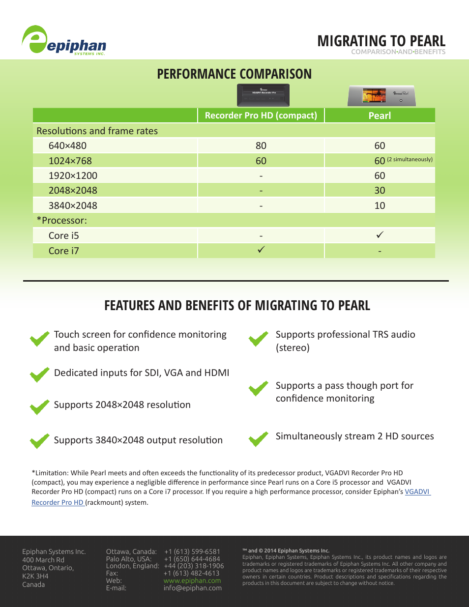 Migrating to pearl, Performance comparison, Features and benefits of migrating to pearl | Epiphan Recorder Pro HD Compact Migration Guide User Manual | Page 2 / 2
