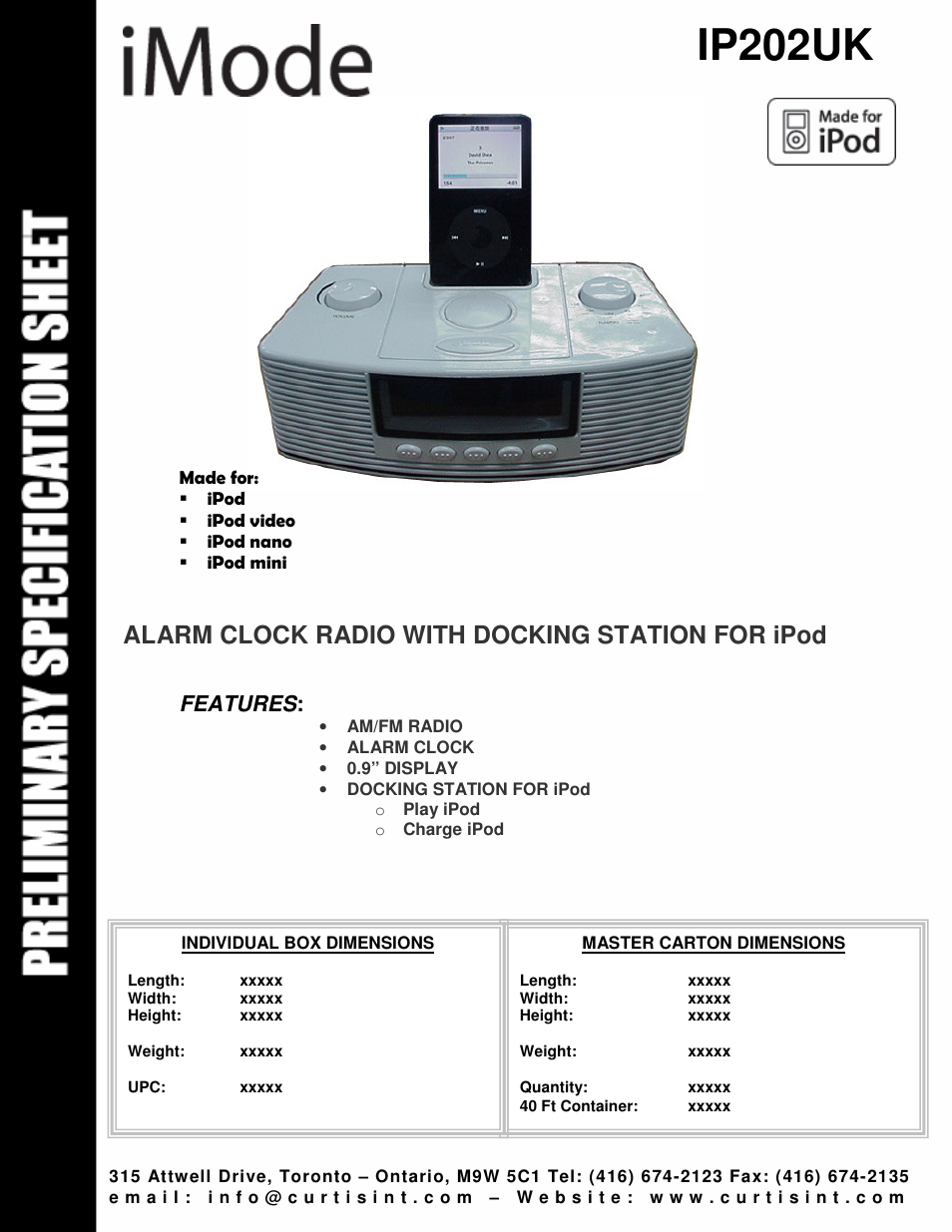 Curtis Alarm Clock Radio with Docking Station for Ipod IP202UK User Manual | 1 page