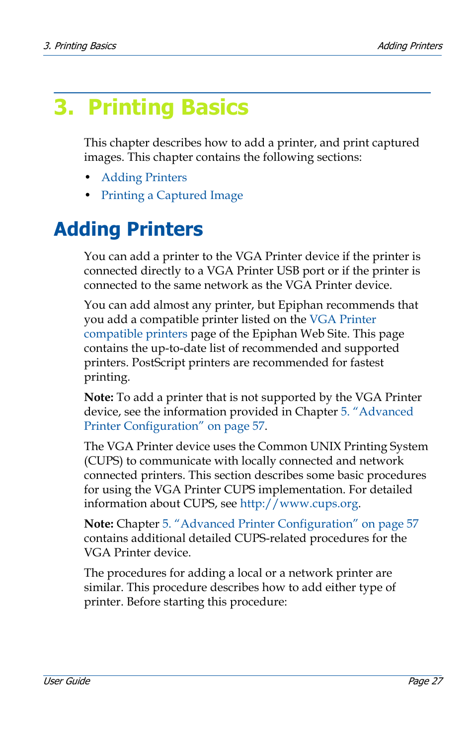 Printing basics, Adding printers, Printing basics 27 | Adding printers 27, Printer, see | Epiphan VGA Printer User Manual | Page 27 / 86