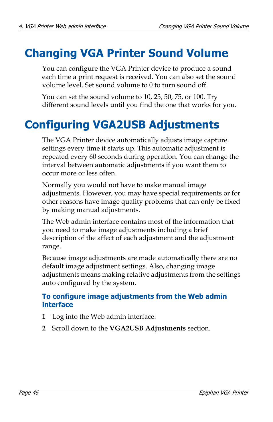 Changing vga printer sound volume, Configuring vga2usb adjustments | Epiphan VGA Printer User Manual | Page 46 / 86