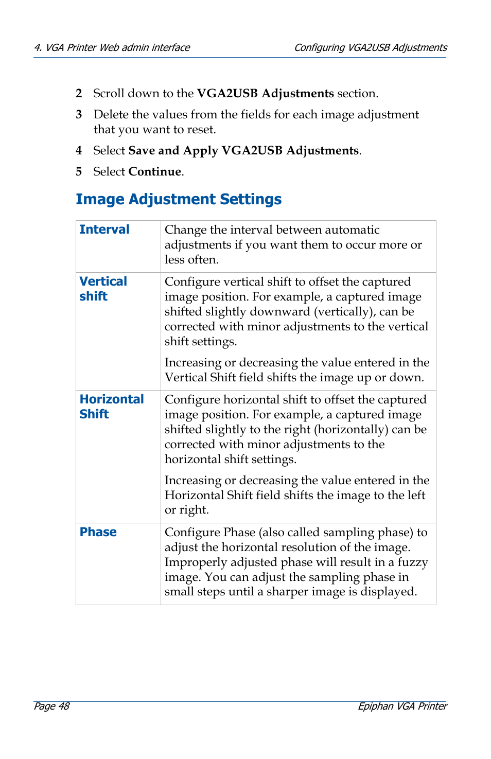 Image adjustment settings, Image adjustment | Epiphan VGA Printer User Manual | Page 48 / 86