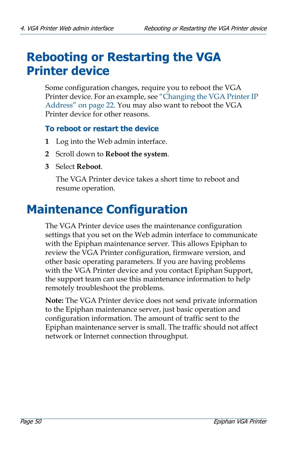 Rebooting or restarting the vga printer device, Maintenance configuration | Epiphan VGA Printer User Manual | Page 50 / 86