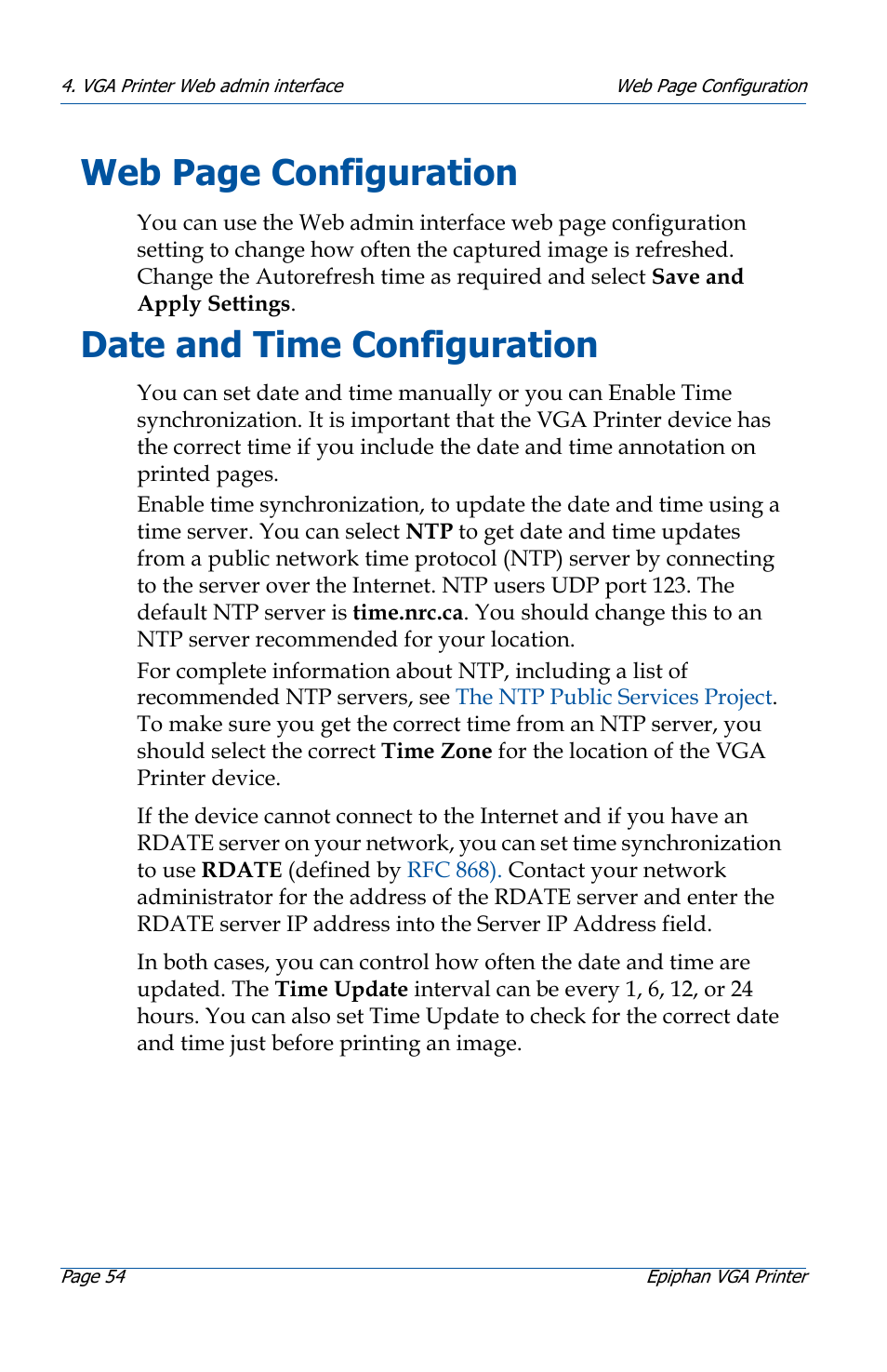 Date and time configuration, Web page configuration | Epiphan VGA Printer User Manual | Page 54 / 86