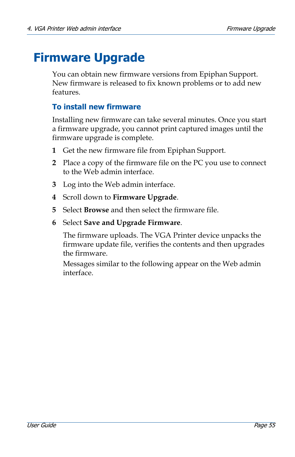 Firmware upgrade, Firmware upgrade 55 | Epiphan VGA Printer User Manual | Page 55 / 86