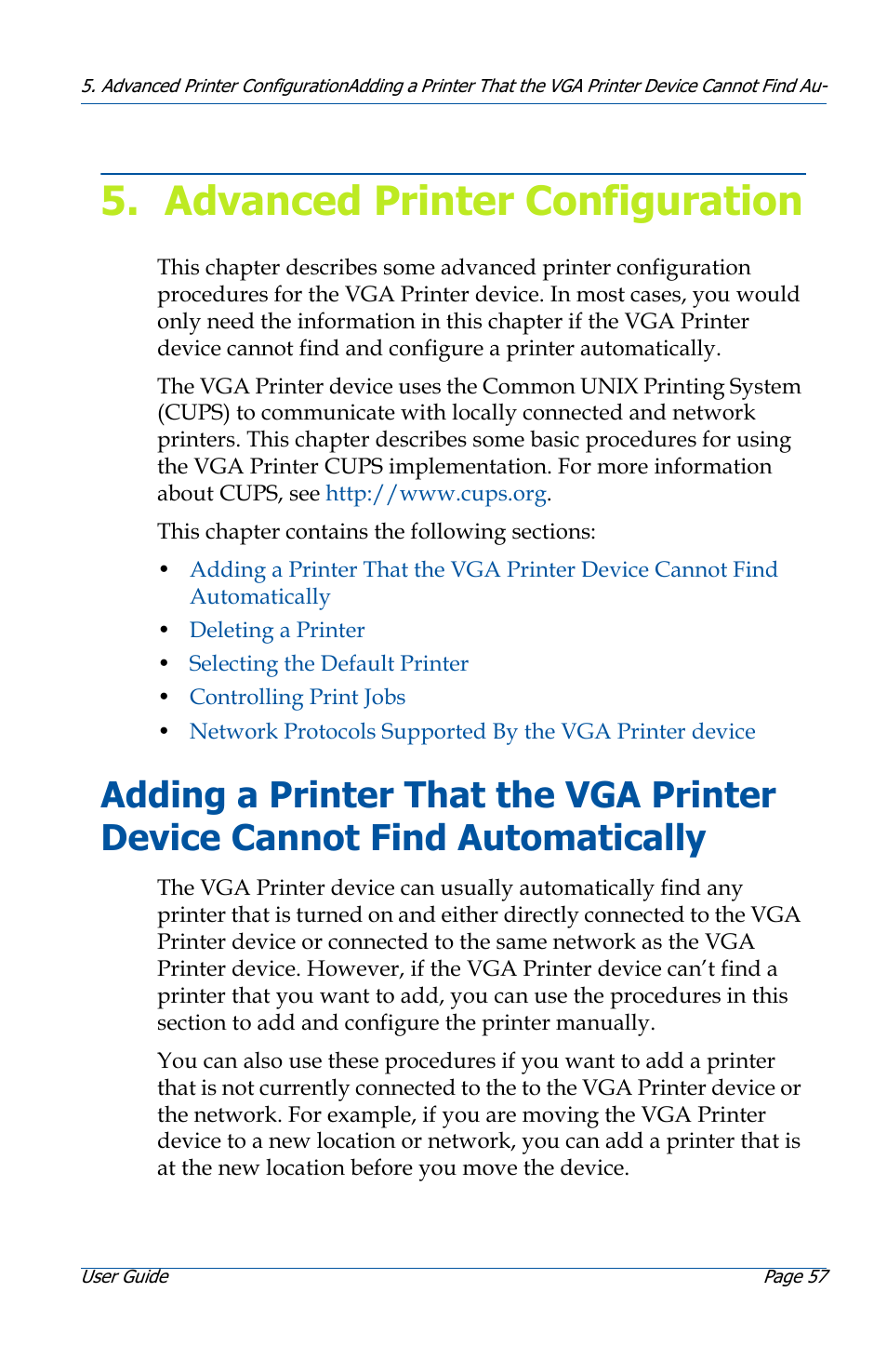 Advanced printer configuration, Advanced printer configuration 57, Automatically 57 | Chapter, “advanced, The printer manually. see, Adding a printer that the, E list, see, Adding a printer, “advanced printer configuration” on | Epiphan VGA Printer User Manual | Page 57 / 86
