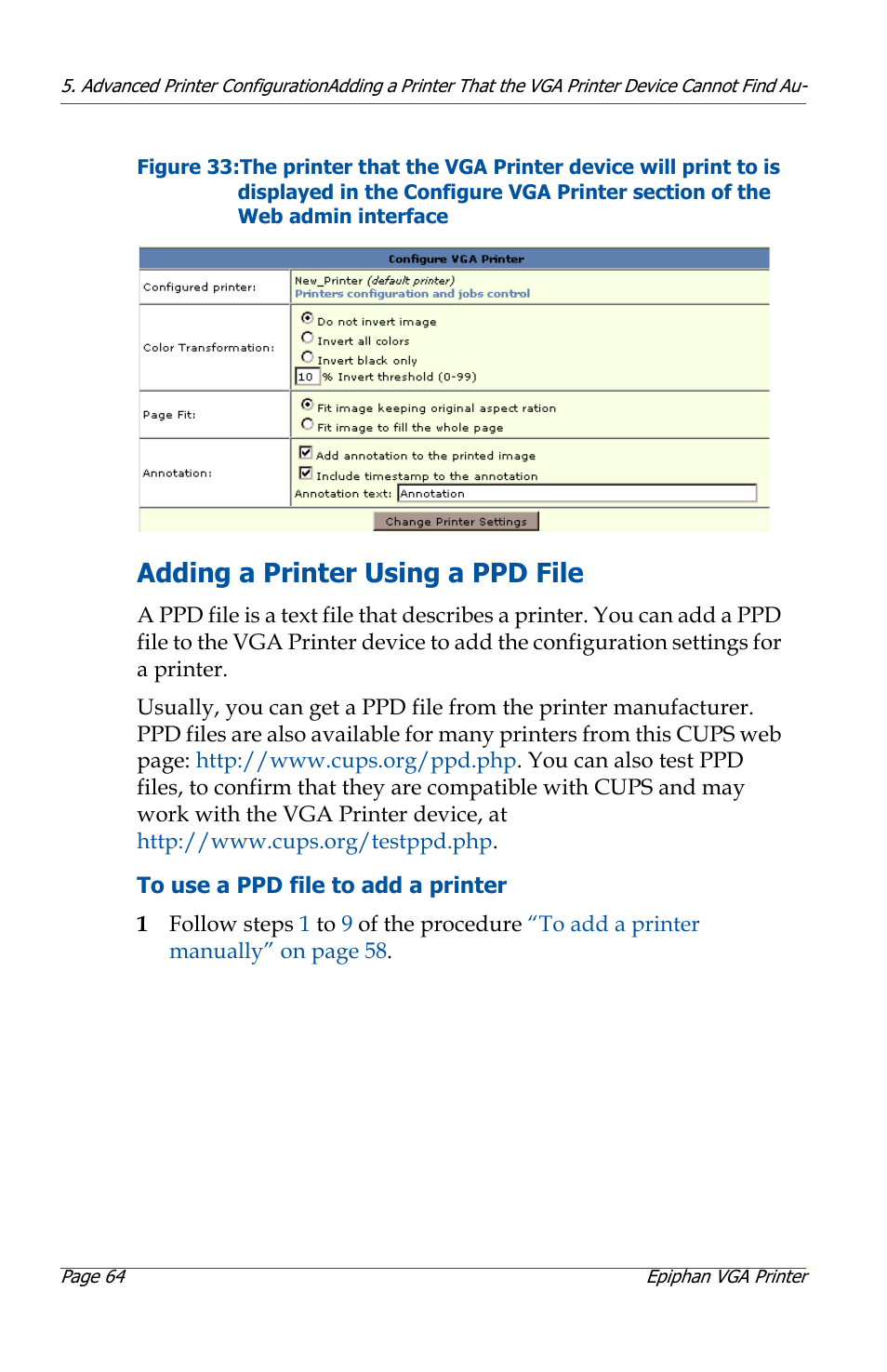 Adding a printer using a ppd file, Ocedure, Adding a printer using a ppd file” on | To use a | Epiphan VGA Printer User Manual | Page 64 / 86