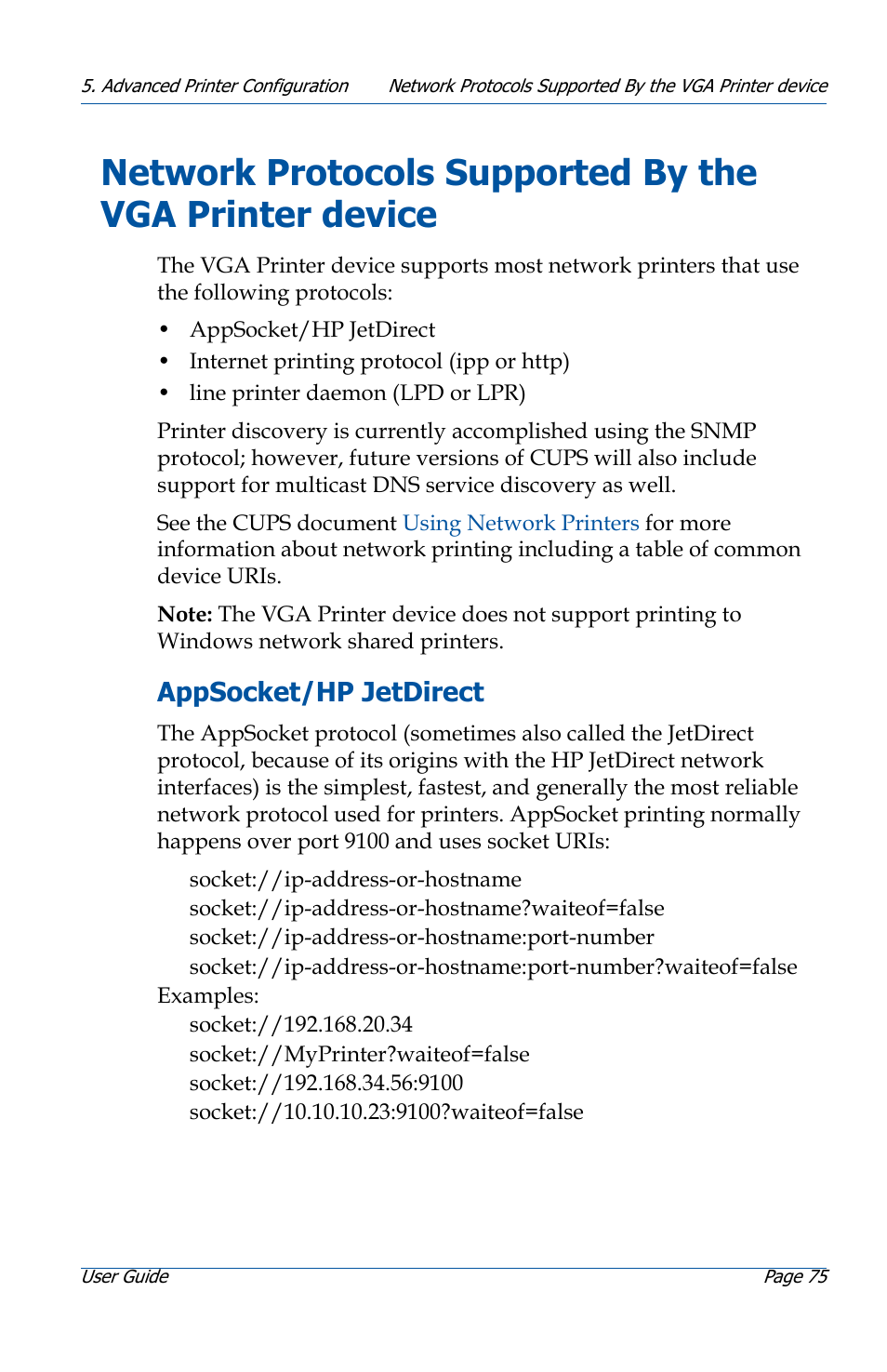 Appsocket/hp jetdirect, Network protocols supported by the vga printer, Device 75 | Network protocols supported by the, Network protocols supported by the vga | Epiphan VGA Printer User Manual | Page 75 / 86