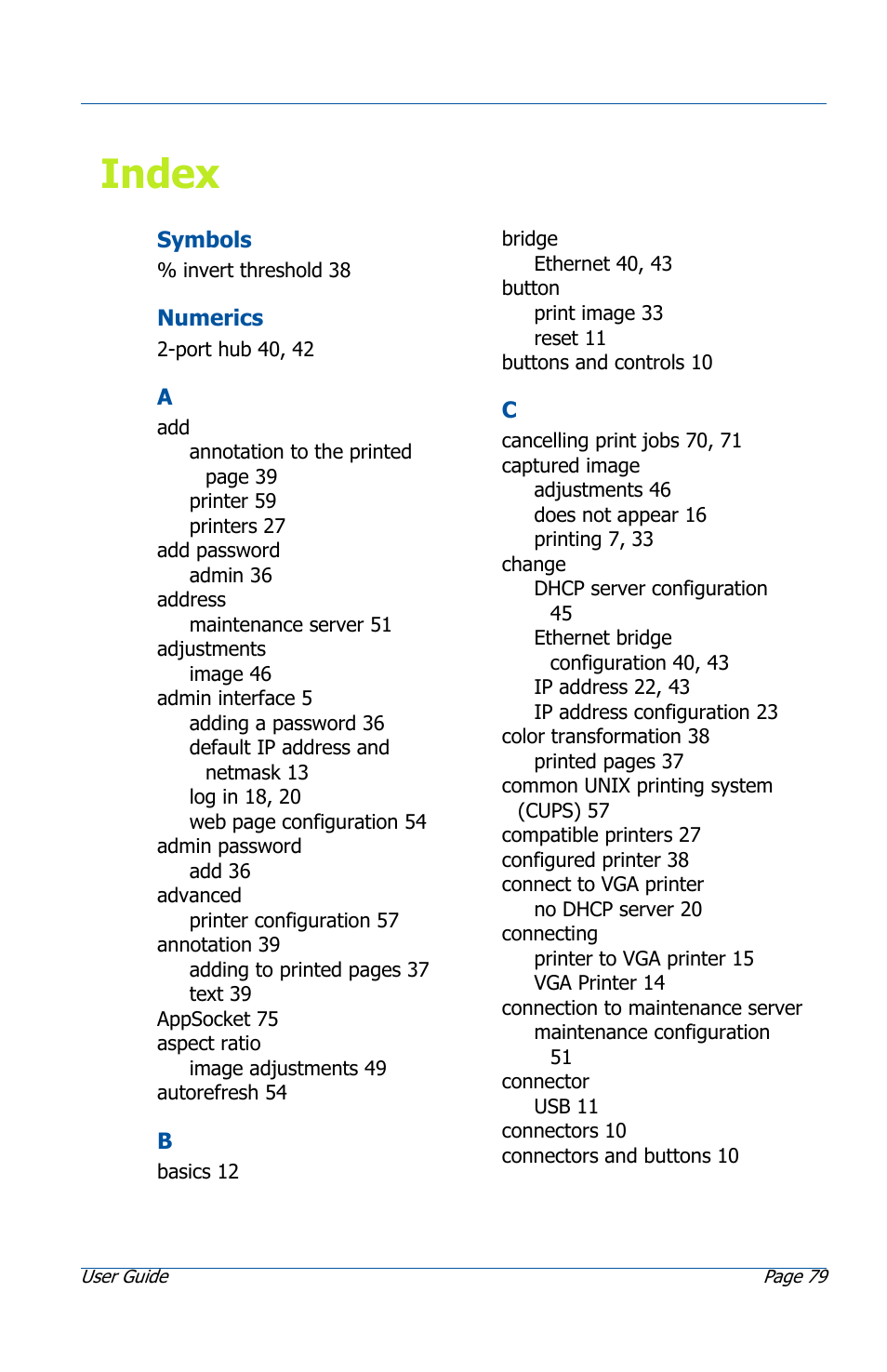 Index, Index 79 | Epiphan VGA Printer User Manual | Page 79 / 86