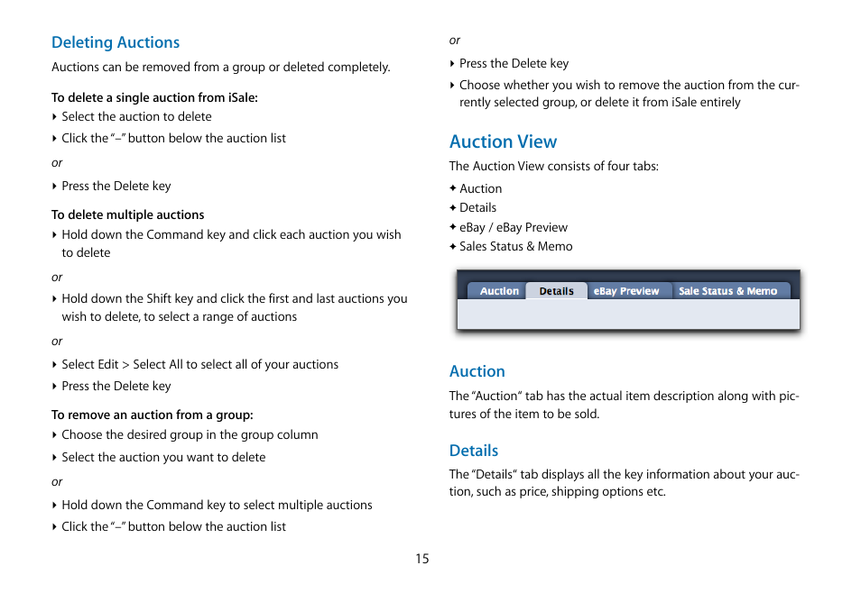 Auction view, Deleting auctions, Auction | Details | equinux iSale 5.9.7 User Manual | Page 15 / 92
