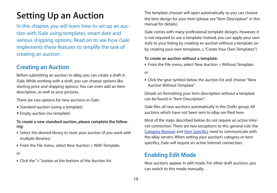 Setting up an auction, Creating an auction, Enabling edit mode | equinux iSale 5.9.7 User Manual | Page 19 / 92