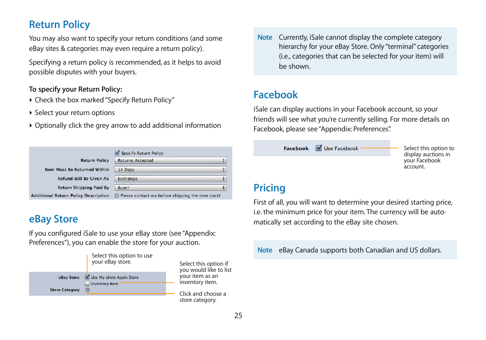 Return policy, Ebay store, Facebook | Pricing | equinux iSale 5.9.7 User Manual | Page 25 / 92