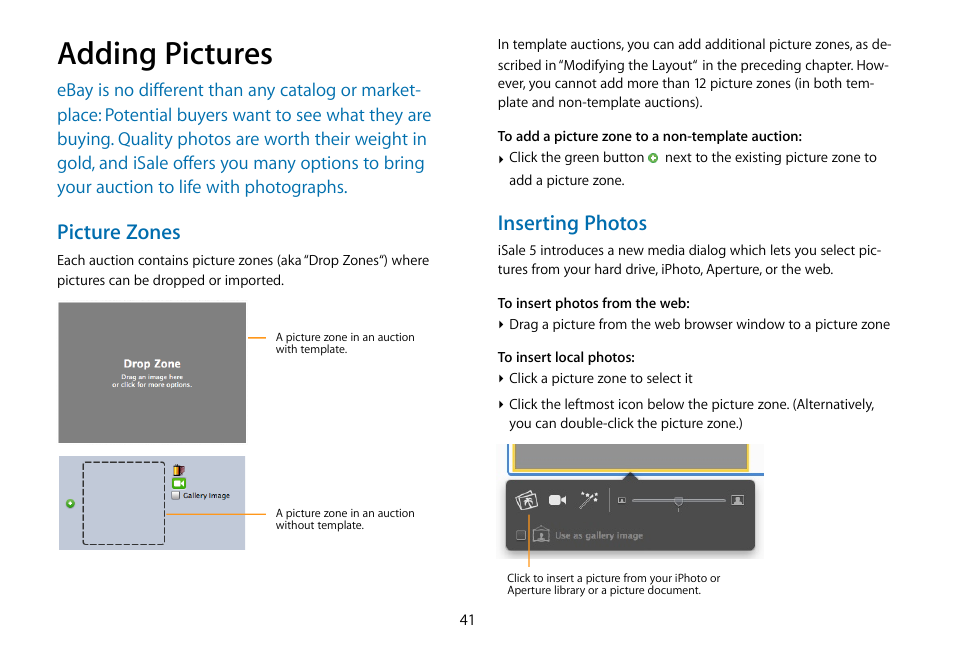 Adding pictures, Picture zones, Inserting photos | equinux iSale 5.9.7 User Manual | Page 41 / 92