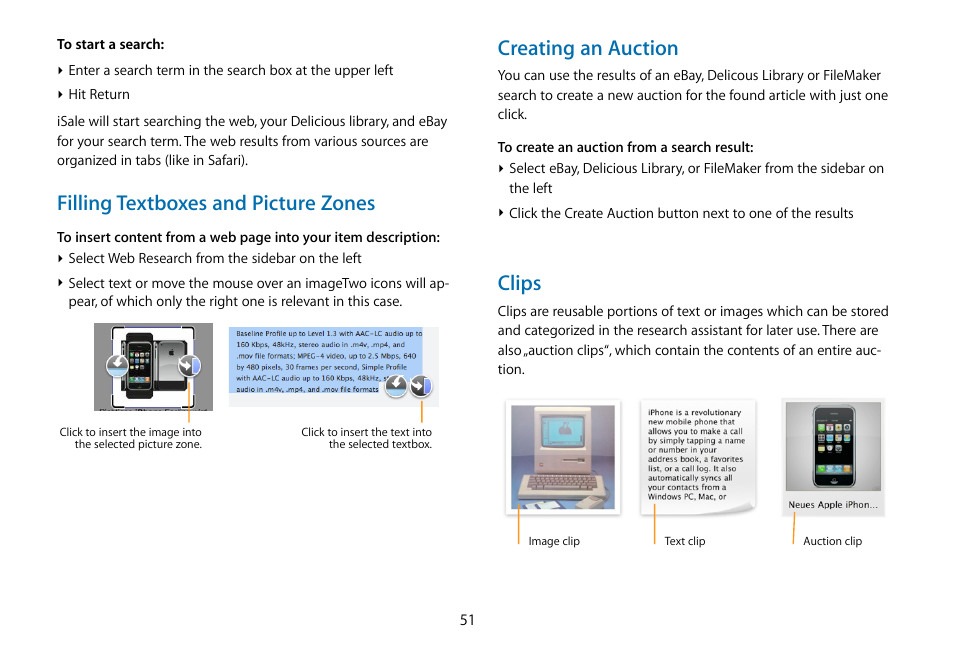 Filling textboxes and picture zones, Creating an auction, Clips | equinux iSale 5.9.7 User Manual | Page 51 / 92