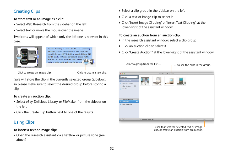 Creating clips, Using clips | equinux iSale 5.9.7 User Manual | Page 52 / 92