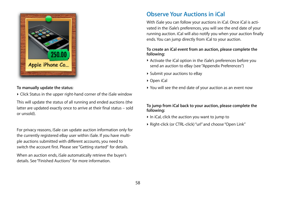 Observe your auctions in ical | equinux iSale 5.9.7 User Manual | Page 58 / 92