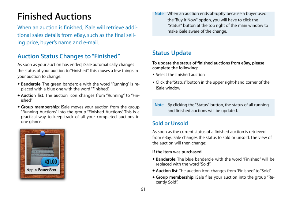 Finished auctions, Auction status changes to “finished, Status update | equinux iSale 5.9.7 User Manual | Page 61 / 92