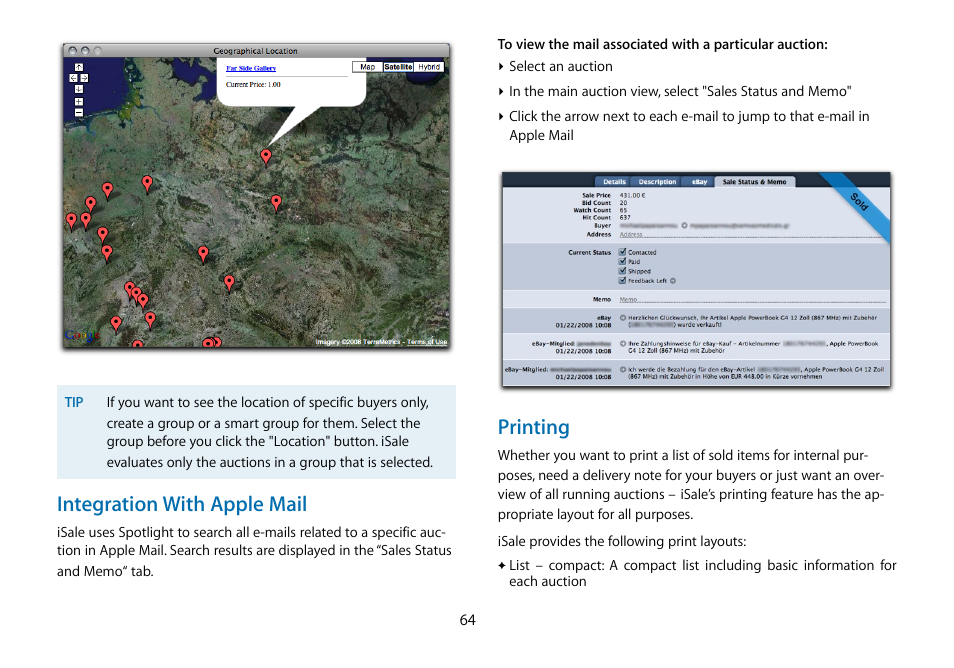 Integration with apple mail, Printing | equinux iSale 5.9.7 User Manual | Page 64 / 92