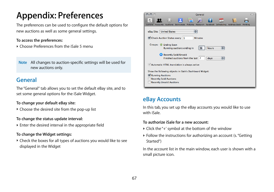 Appendix: preferences, General, Ebay accounts | equinux iSale 5.9.7 User Manual | Page 67 / 92