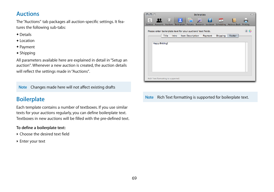 Auctions, Boilerplate | equinux iSale 5.9.7 User Manual | Page 69 / 92