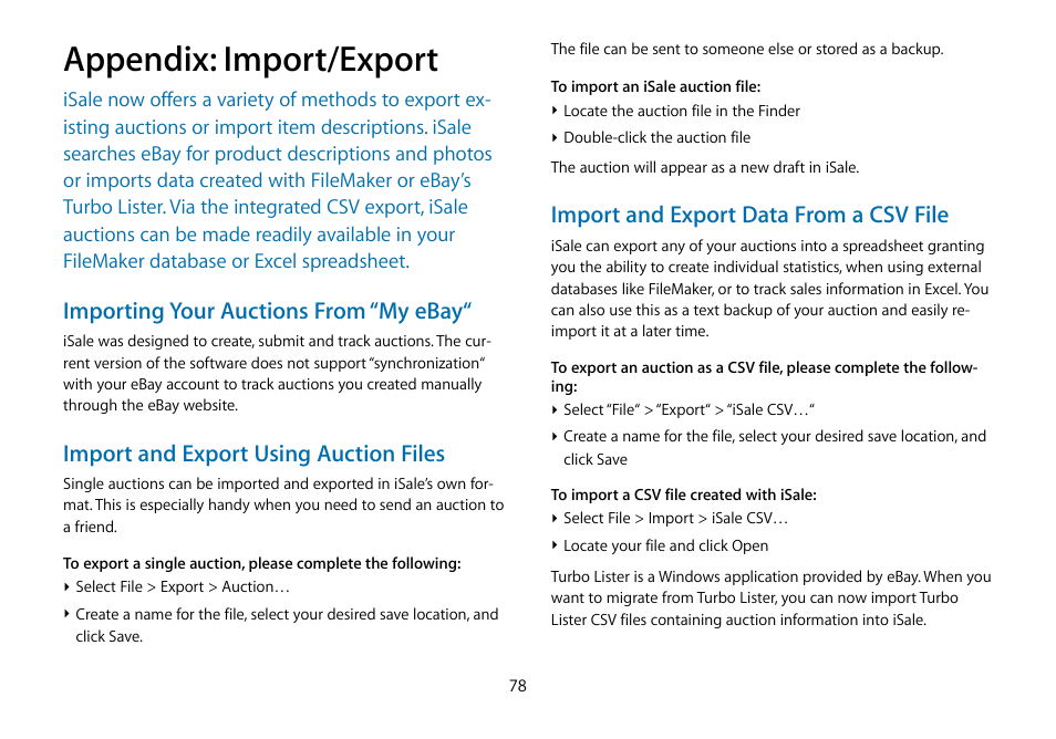 Appendix: import/export, Importing your auctions from “my ebay, Import and export using auction files | Import and export data from a csv file | equinux iSale 5.9.7 User Manual | Page 78 / 92