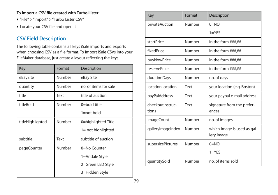 Csv field description | equinux iSale 5.9.7 User Manual | Page 79 / 92