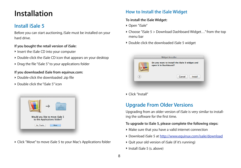 Installation, Install isale 5, Upgrade from older versions | equinux iSale 5.9.7 User Manual | Page 8 / 92