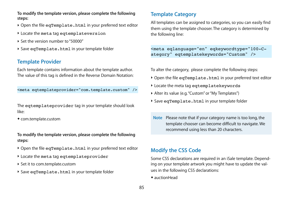 Template provider, Template category, Modify the css code | equinux iSale 5.9.7 User Manual | Page 85 / 92