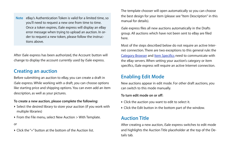 Creating an auction, Enabling edit mode, Auction title | equinux iSale express 1.2.9 User Manual | Page 10 / 43