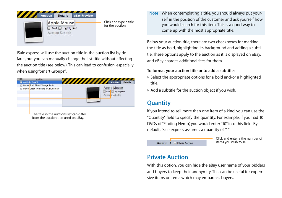 Quantity, Private auction | equinux iSale express 1.2.9 User Manual | Page 11 / 43