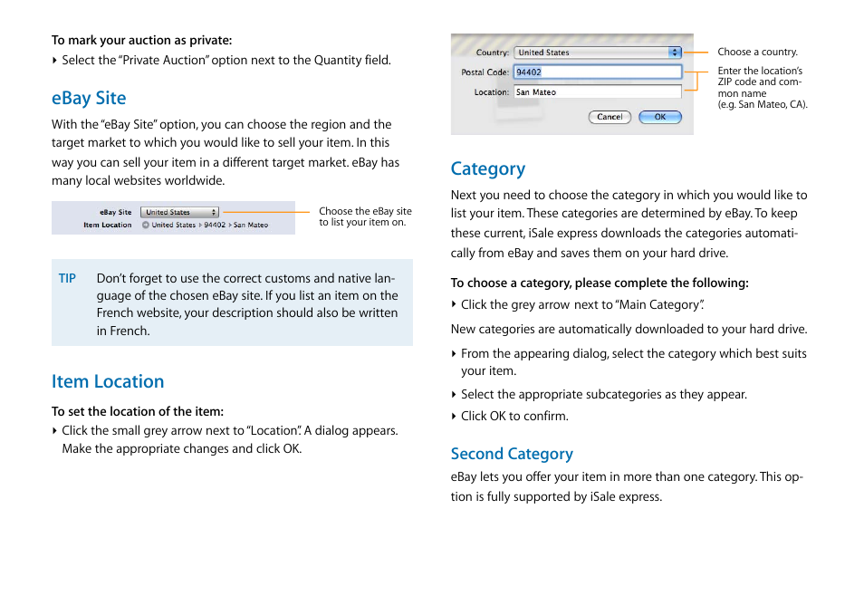Ebay site, Item location, Category | Second category | equinux iSale express 1.2.9 User Manual | Page 12 / 43