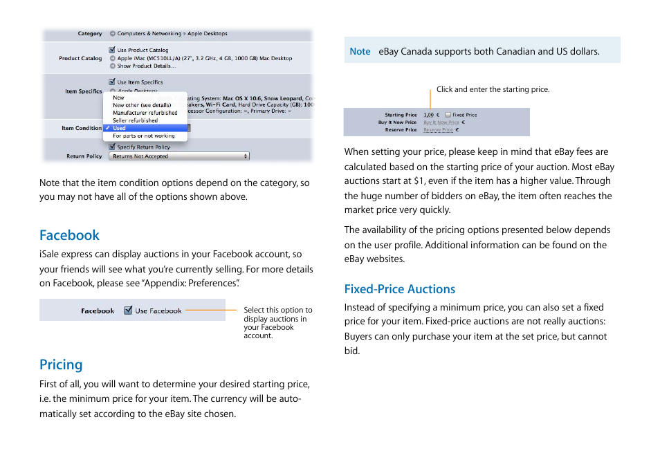 Facebook, Pricing, Fixed-price auctions | equinux iSale express 1.2.9 User Manual | Page 15 / 43
