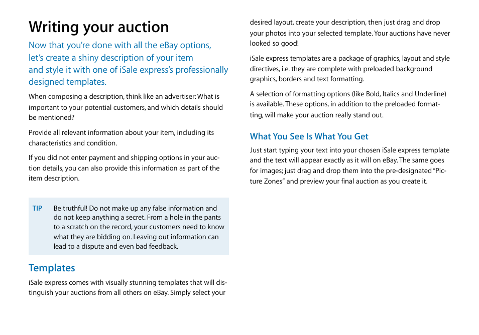 Writing your auction, Templates | equinux iSale express 1.2.9 User Manual | Page 22 / 43