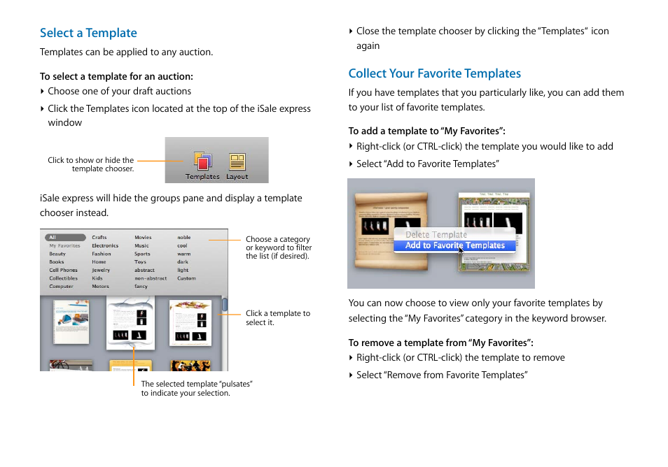 Select a template, Collect your favorite templates | equinux iSale express 1.2.9 User Manual | Page 23 / 43