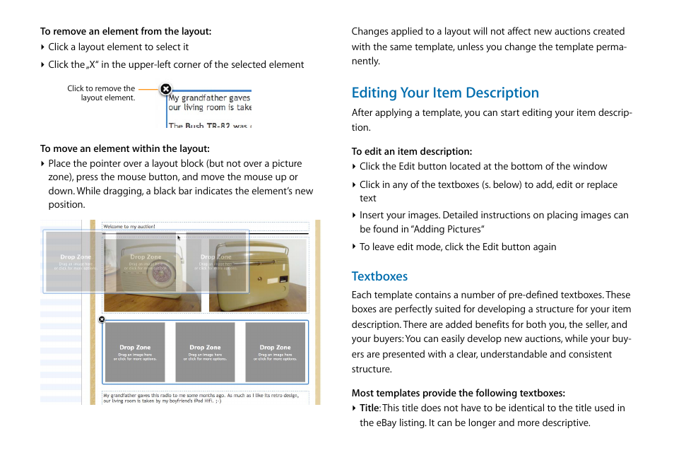 Editing your item description, Textboxes | equinux iSale express 1.2.9 User Manual | Page 25 / 43