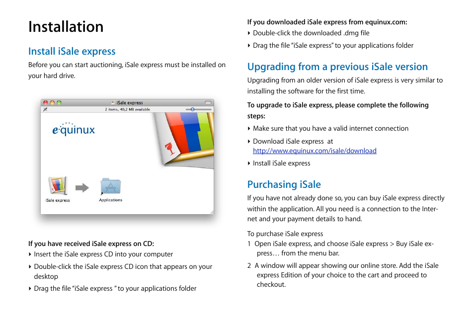 Installation, Install isale express, Upgrading from a previous isale version | Purchasing isale | equinux iSale express 1.2.9 User Manual | Page 3 / 43