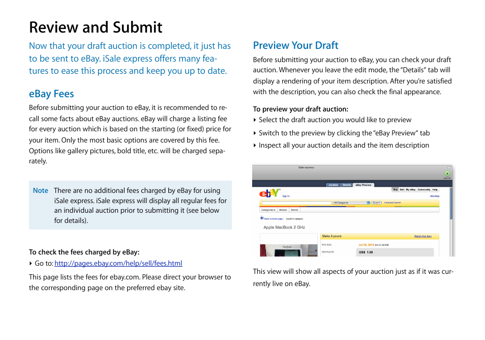 Review and submit, Ebay fees, Preview your draft | equinux iSale express 1.2.9 User Manual | Page 30 / 43