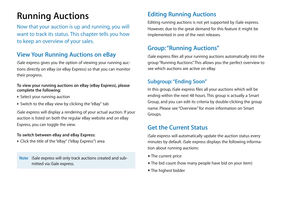 Running auctions, View your running auctions on ebay, Editing running auctions | Group: “running auctions, Get the current status | equinux iSale express 1.2.9 User Manual | Page 33 / 43