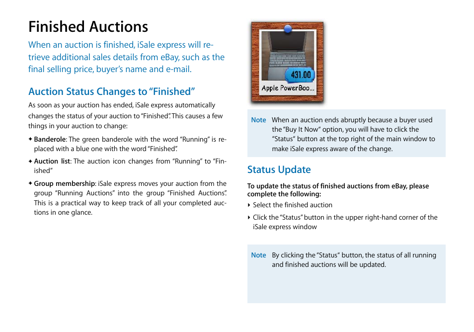 Finished auctions, Auction status changes to “finished, Status update | equinux iSale express 1.2.9 User Manual | Page 36 / 43