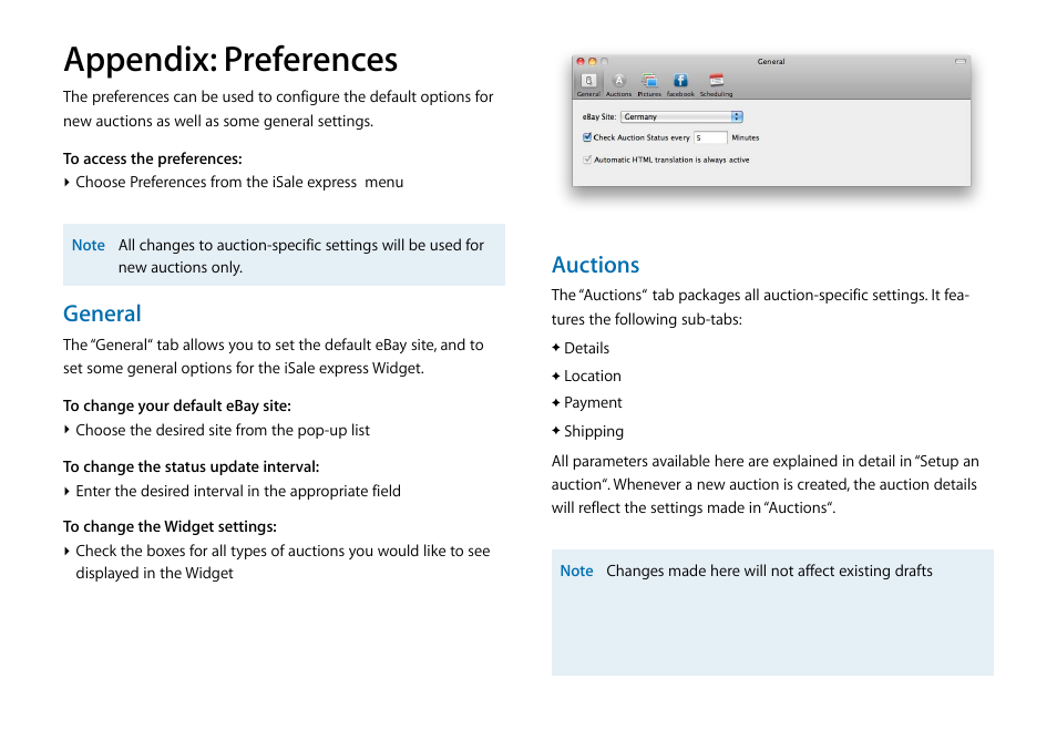 Appendix: preferences, General, Auctions | equinux iSale express 1.2.9 User Manual | Page 38 / 43