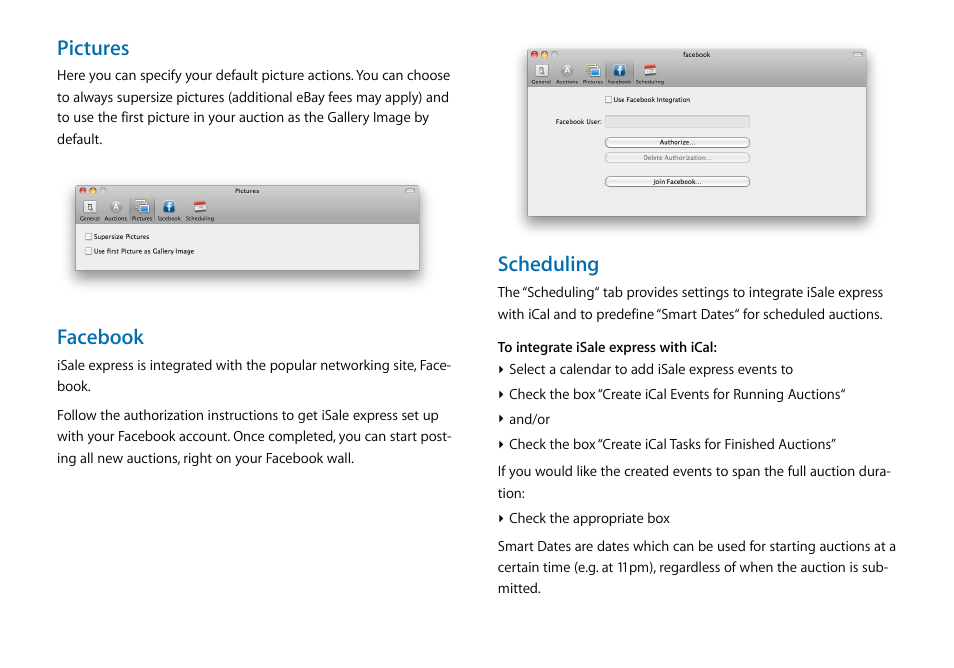 Pictures, Facebook, Scheduling | equinux iSale express 1.2.9 User Manual | Page 39 / 43