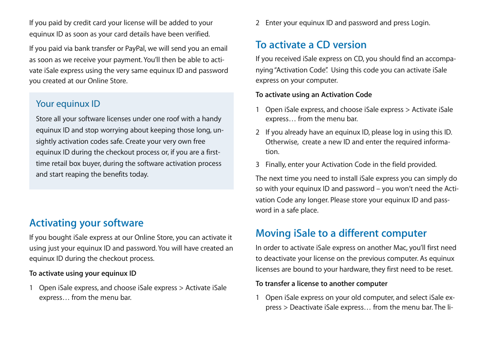 Activating your software, To activate a cd version, Moving isale to a different computer | equinux iSale express 1.2.9 User Manual | Page 4 / 43